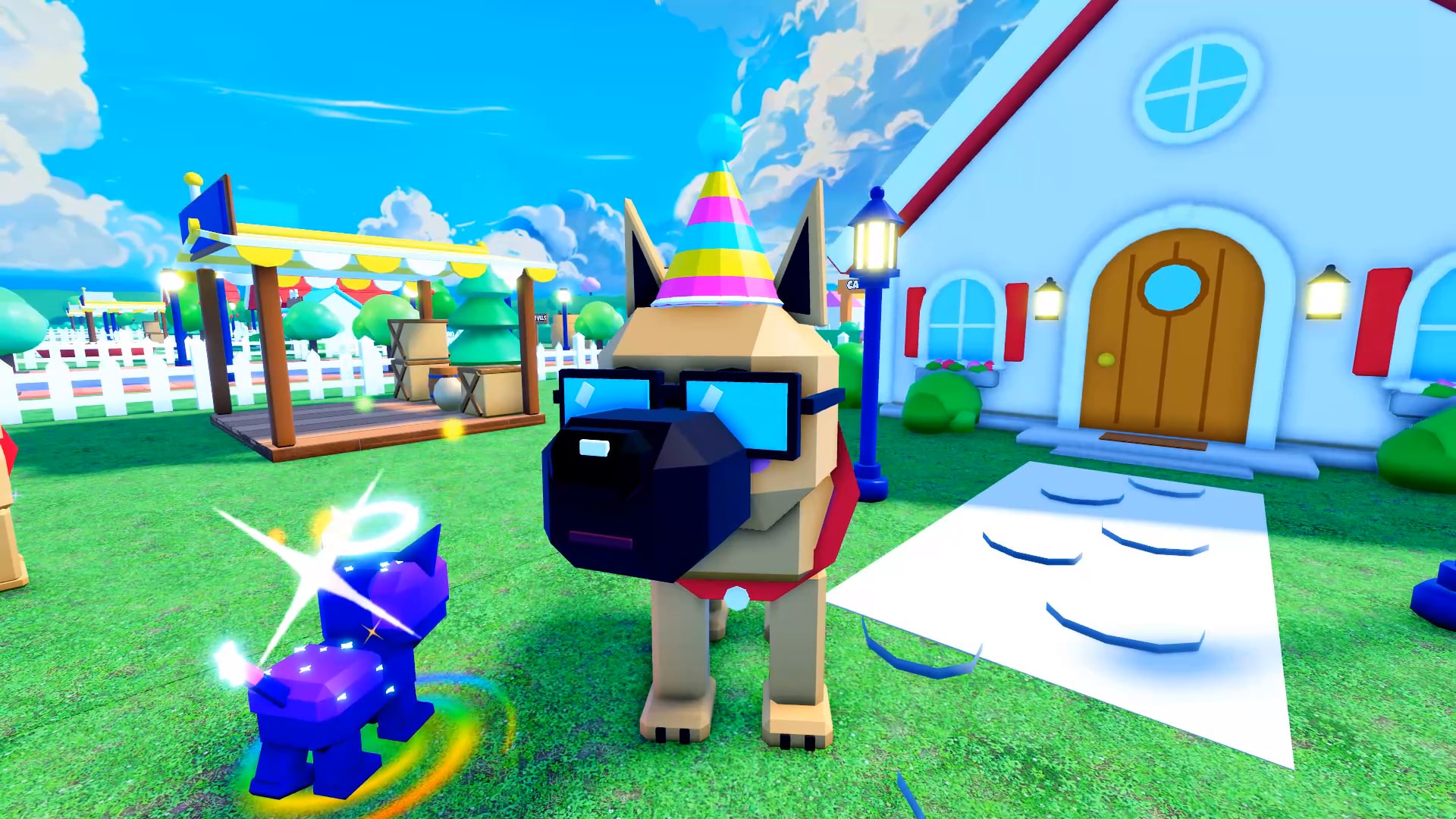 A giant dog wearing a rainbow party hat, blue shades, and a red bandana beside a glowing pet