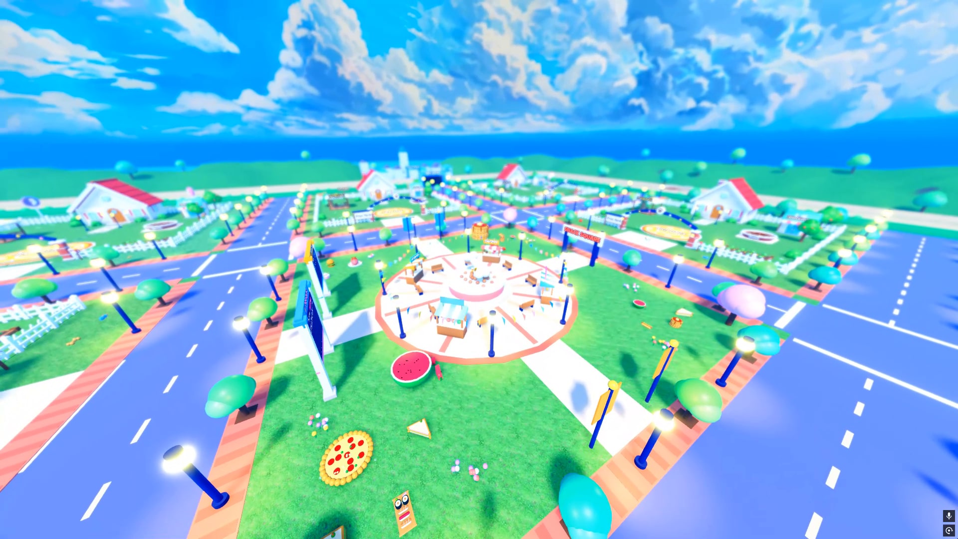 Giant snacks scattered through the colorful town in Cats vs Dogs: Snack Wars on Roblox