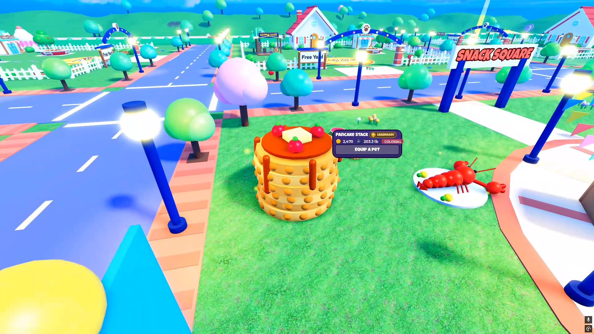 A towering pancake stack beside smaller snacks in the Roblox town