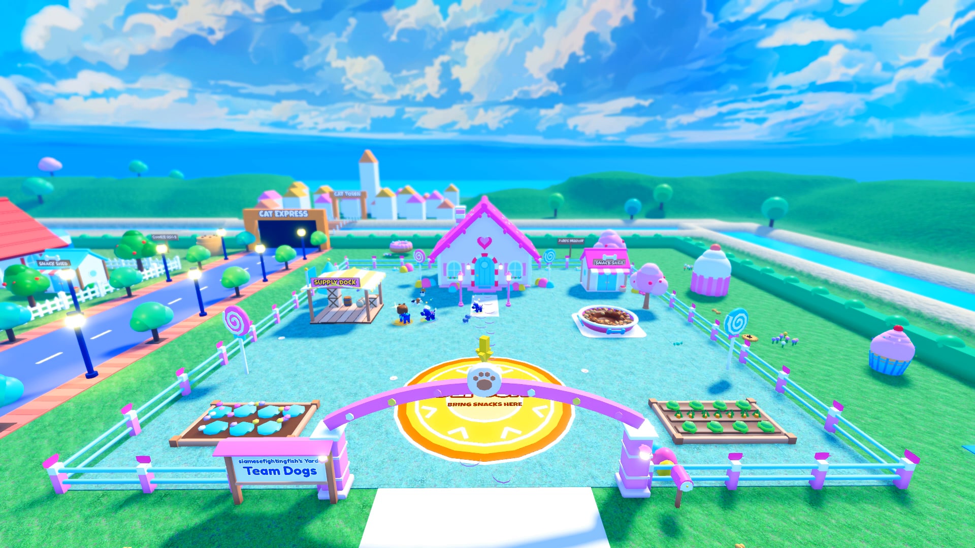Candy-colored player yard with a cottage, food bowl, and Deposit pad